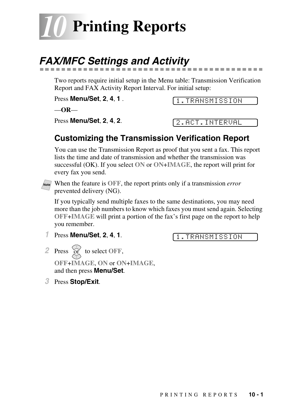 10 printing reports, Fax/mfc settings and activity, Customizing the transmission verification report | Printing reports -1, Fax/mfc settings and activity -1, Printing reports | Brother FAX-2800 User Manual | Page 95 / 228