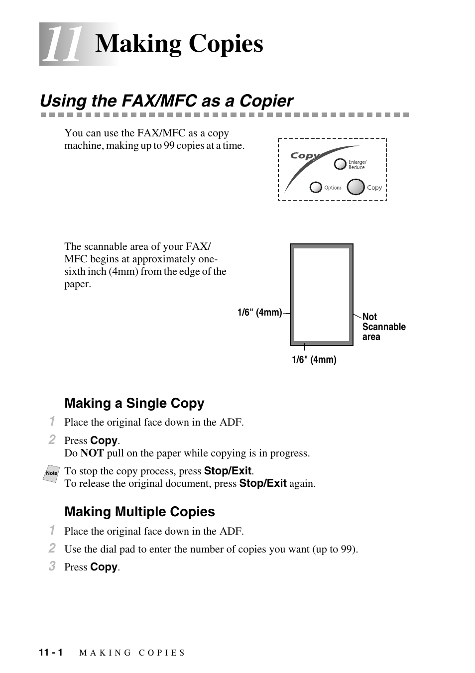 11 making copies, Using the fax/mfc as a copier, Making a single copy | Making multiple copies, Making copies -1, Using the fax/mfc as a copier -1, Making a single copy -1 making multiple copies -1, Making copies | Brother FAX-2800 User Manual | Page 98 / 228