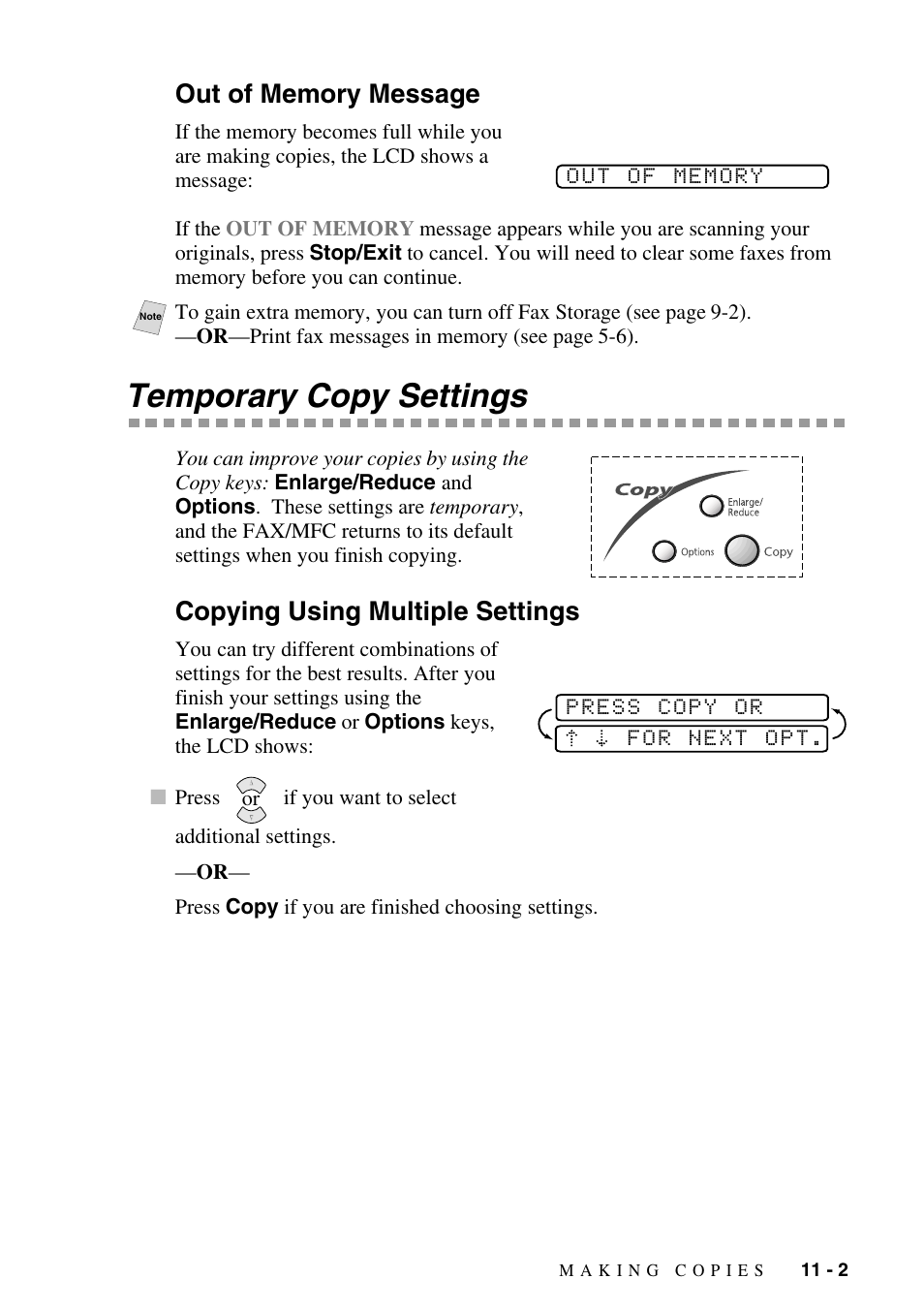 Out of memory message, Temporary copy settings, Copying using multiple settings | Out of memory message -2, Temporary copy settings -2, Copying using multiple settings -2 | Brother FAX-2800 User Manual | Page 99 / 228