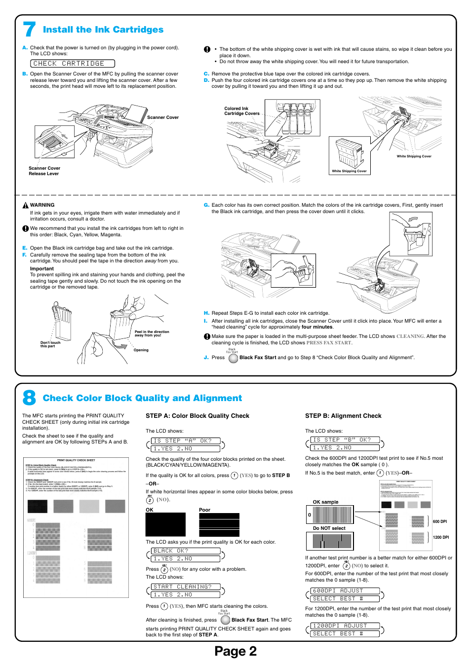 Page 2, Check color block quality and alignment, Install the ink cartridges | Brother MFC-5100C User Manual | Page 2 / 6