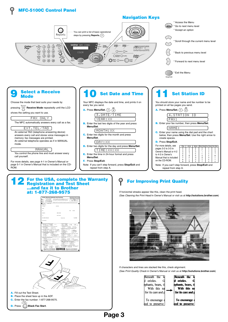 Page 3, Mfc-5100c control panel, Navigation keys | Select a receive mode, Set date and time, Set station id | Brother MFC-5100C User Manual | Page 3 / 6