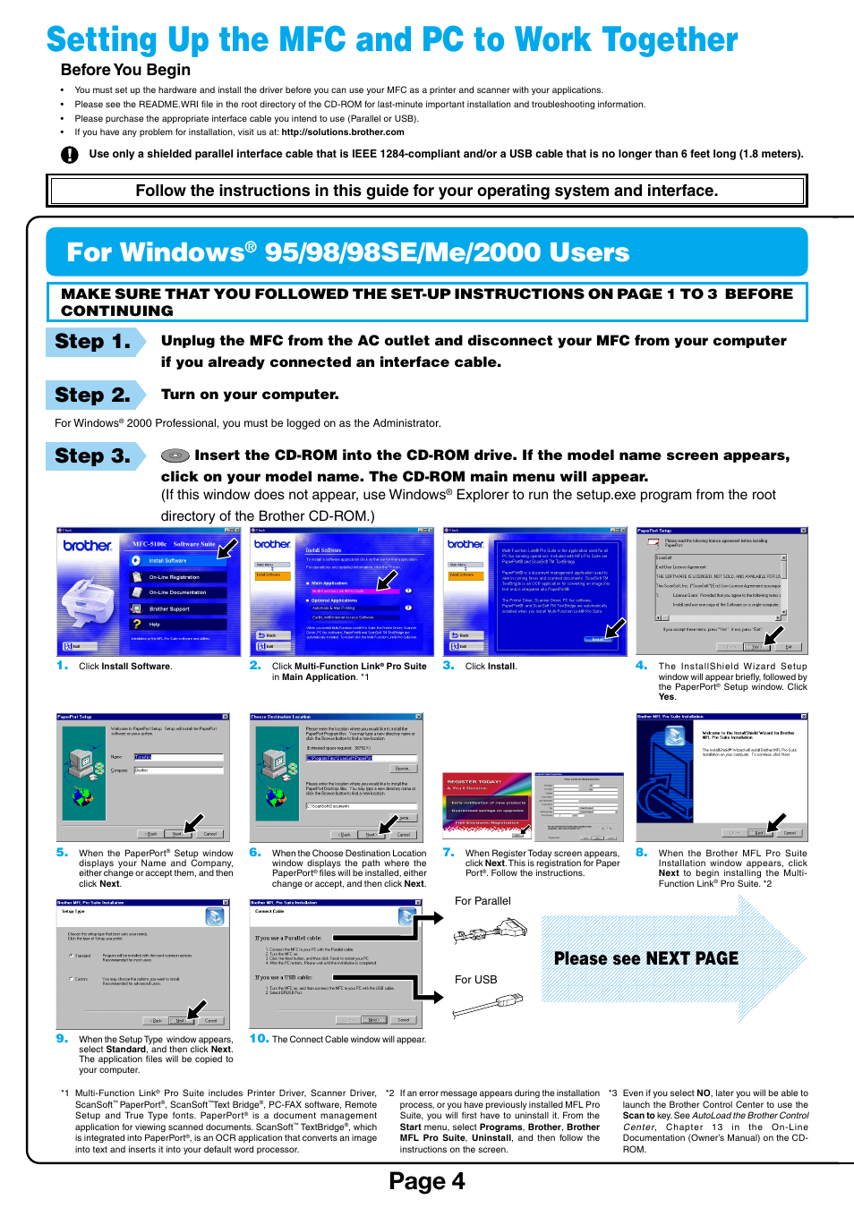 Setting up the mfc and pc to work together, For windows, Page 4 | Step 1, Step 2, Step 3, Please see next page, Before you begin | Brother MFC-5100C User Manual | Page 4 / 6