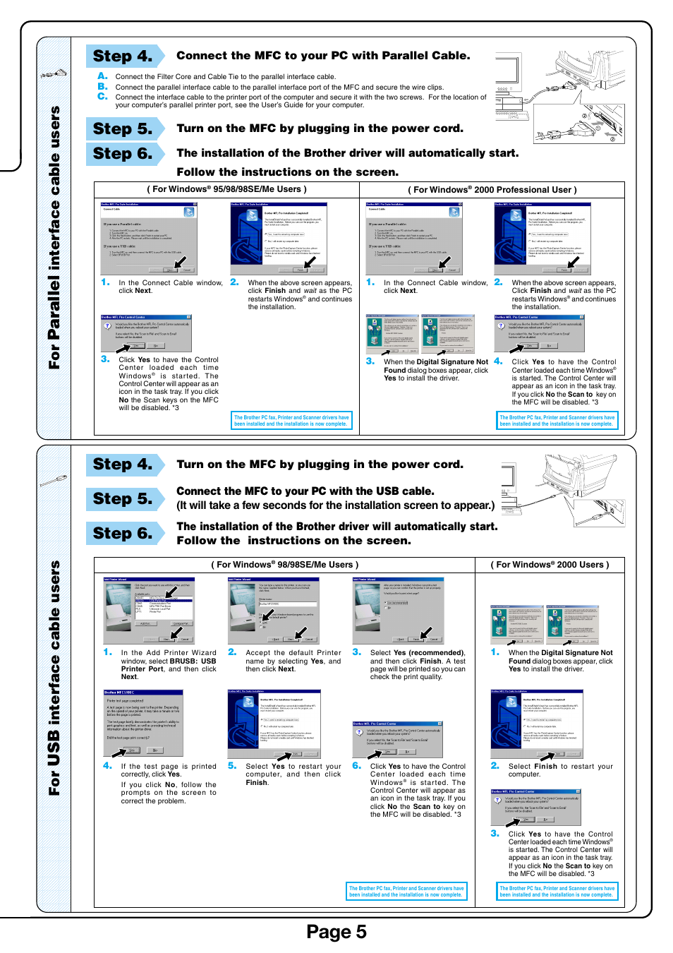 Page 5, Parallel, Step 4 | Step 5, Step 6, Inter face cable users | Brother MFC-5100C User Manual | Page 5 / 6