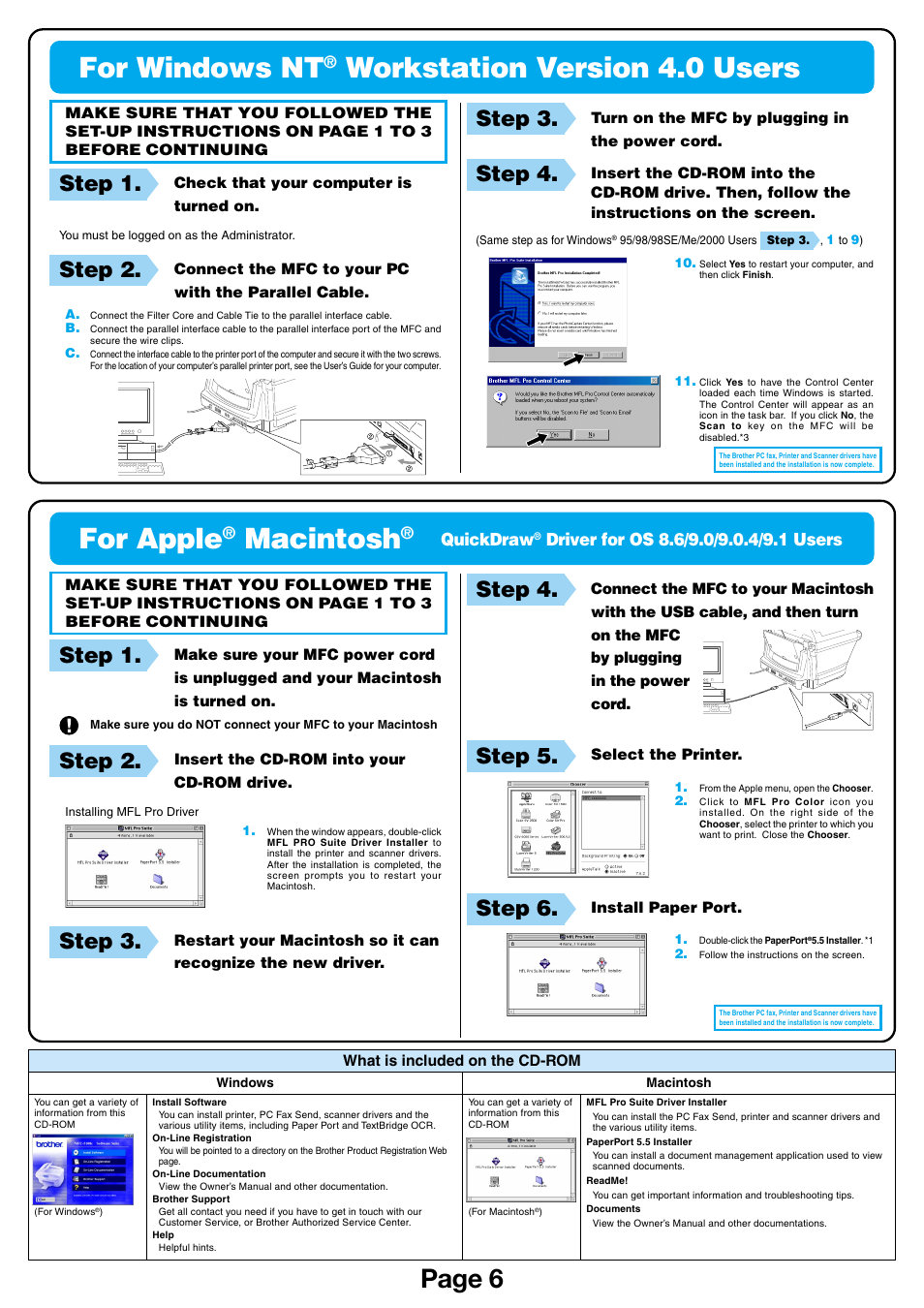 For windows nt, Workstation version 4.0 users, For apple | Macintosh, Page 6, Step 1, Step 2, Step 3, Step 4, Step 5 | Brother MFC-5100C User Manual | Page 6 / 6