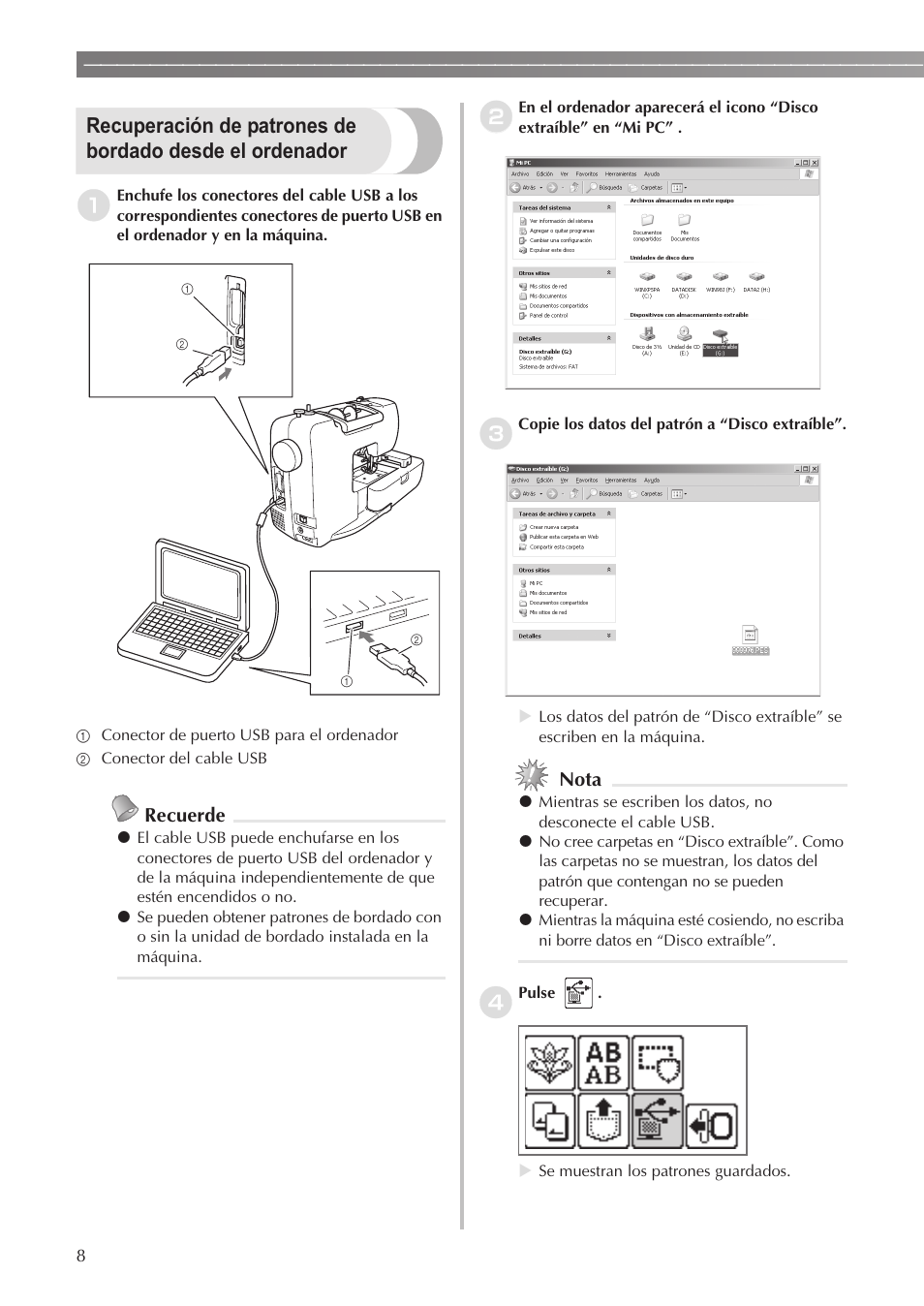 Recuerde, Nota | Brother SB7500 User Manual | Page 10 / 16