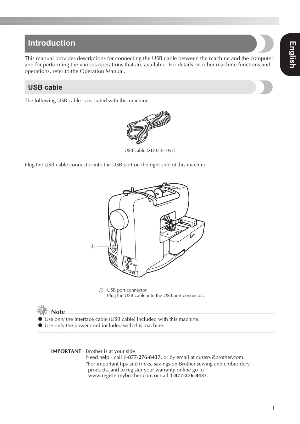 Introduction, English, Usb cable | Brother SB7500 User Manual | Page 3 / 16