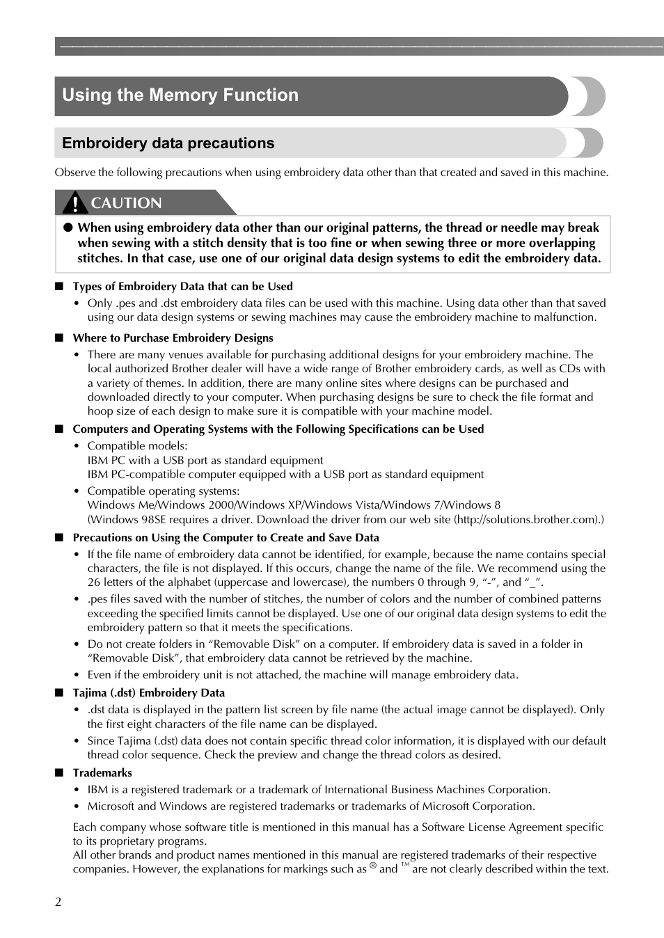 Embroidery data precautions, Caution | Brother SB7500 User Manual | Page 4 / 16