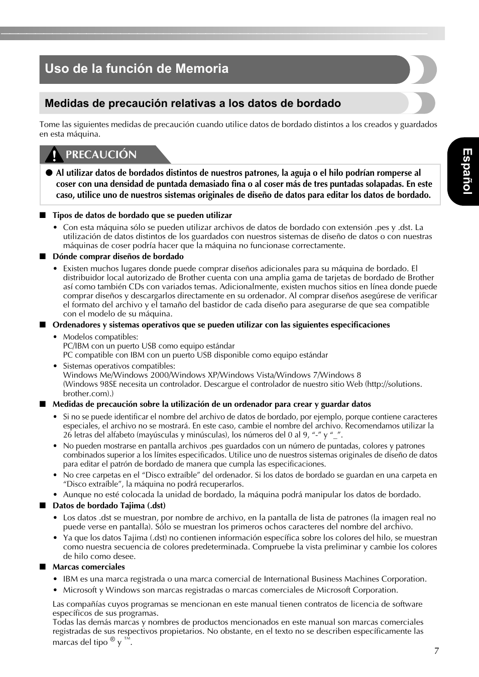 Español, Precaución | Brother SB7500 User Manual | Page 9 / 16