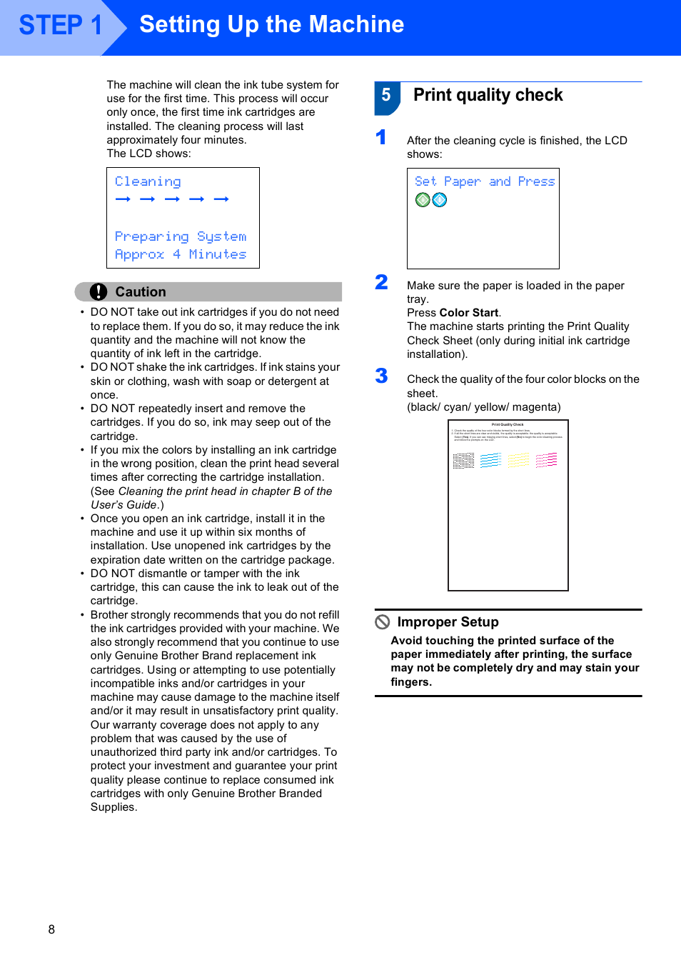 5 print quality check, Print quality check, Step 1 | Setting up the machine, 5print quality check, Set paper and press | Brother MFC-820CW User Manual | Page 10 / 45