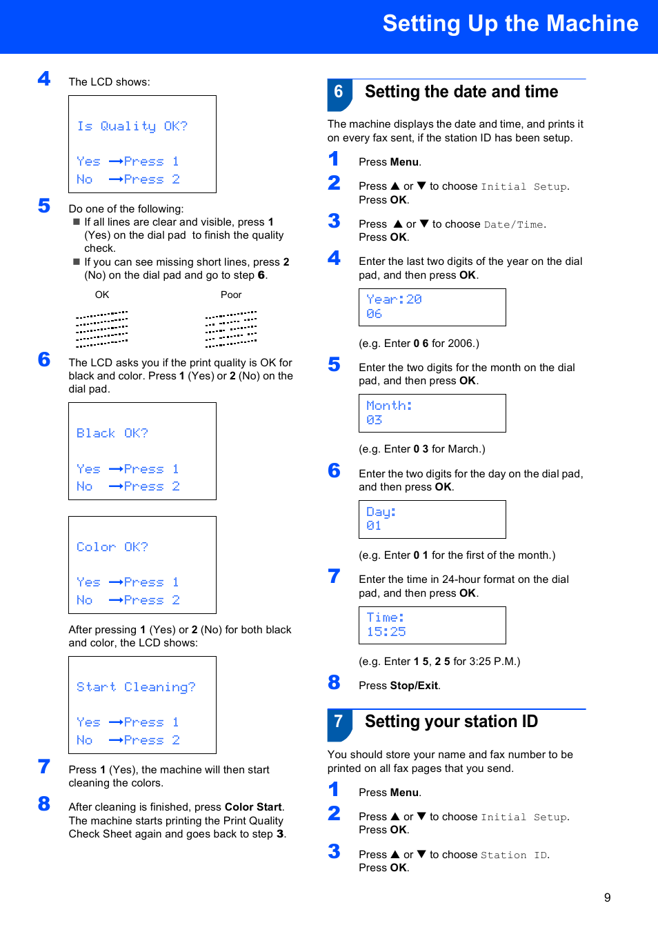 6 setting the date and time, 7 setting your station id, Setting the date and time setting your station id | Setting up the machine, 6setting the date and time, 7setting your station id | Brother MFC-820CW User Manual | Page 11 / 45