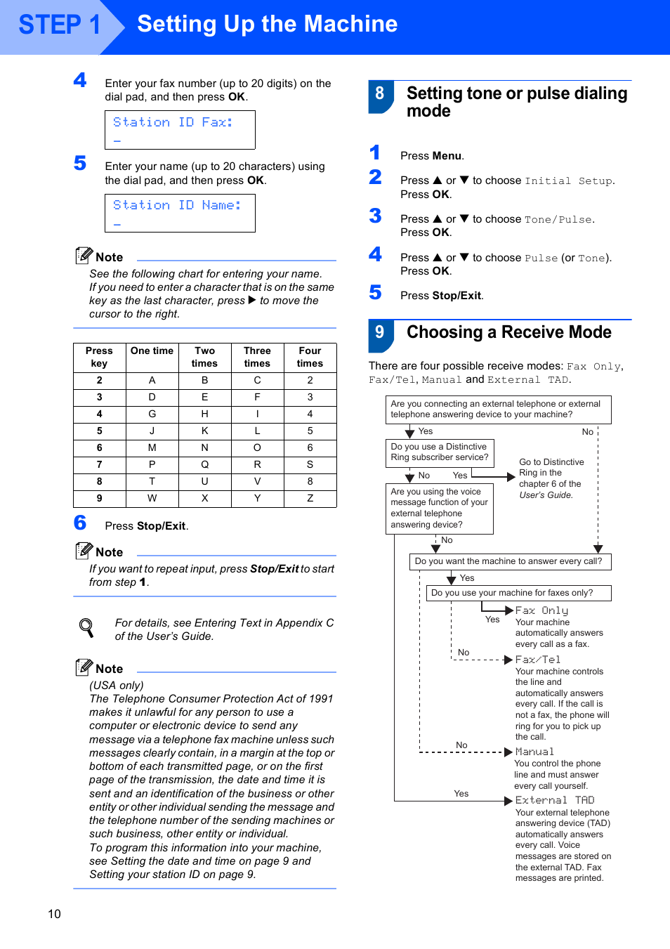 8 setting tone or pulse dialing mode, 9 choosing a receive mode, Step 1 | Setting up the machine, 8setting tone or pulse dialing mode, 9choosing a receive mode, Station id fax, Station id name | Brother MFC-820CW User Manual | Page 12 / 45