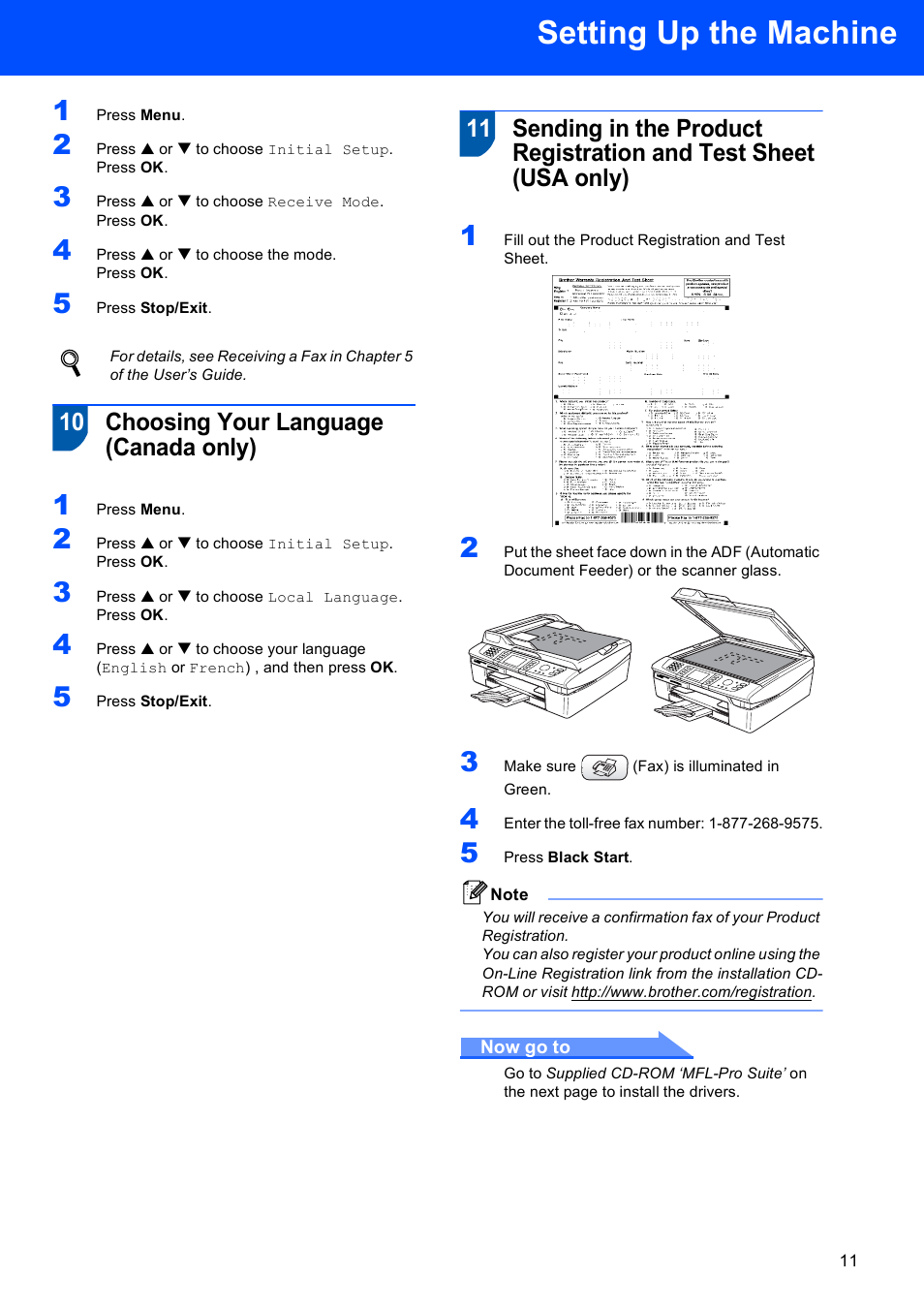 10 choosing your language (canada only), Setting up the machine | Brother MFC-820CW User Manual | Page 13 / 45