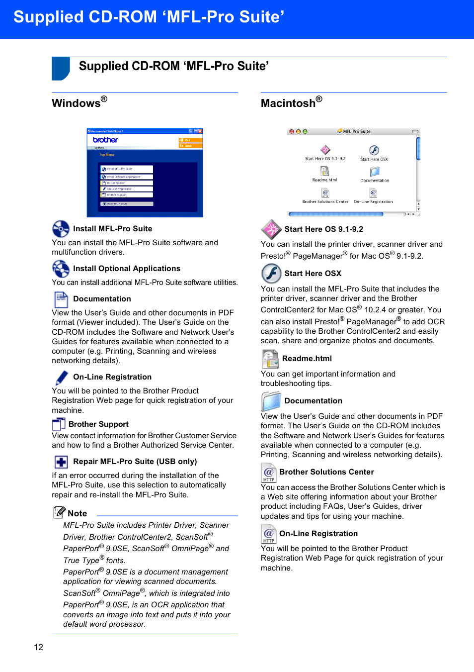 Step 2 installing the driver & software, Supplied cd-rom ‘mfl-pro suite, Windows | Macintosh | Brother MFC-820CW User Manual | Page 14 / 45