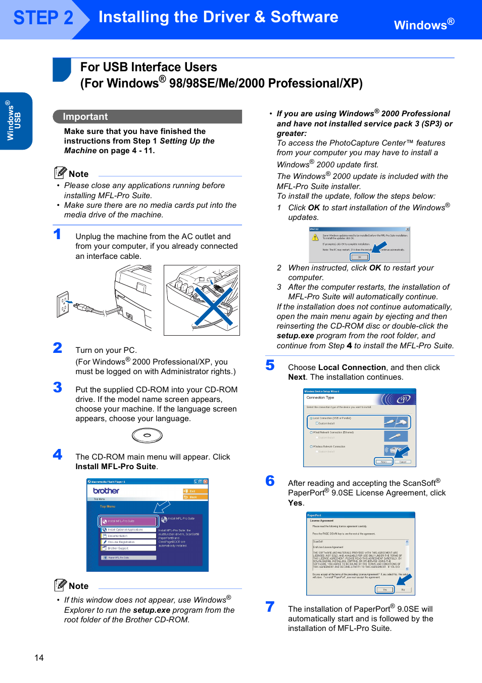 Windows, For usb interface users (for windows, 98/98se/me/2000 professional/xp) | Usb interface users, For windows, Step 2, Installing the driver & software, Important | Brother MFC-820CW User Manual | Page 16 / 45