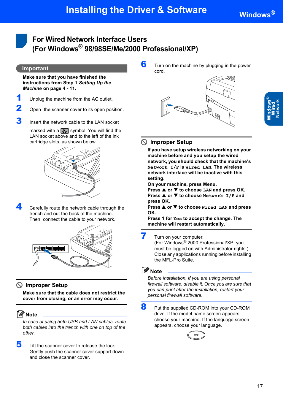 For wired network interface users (for windows, 98/98se/me/2000 professional/xp), For wired network interface users | For windows, Installing the driver & software, Windows | Brother MFC-820CW User Manual | Page 19 / 45