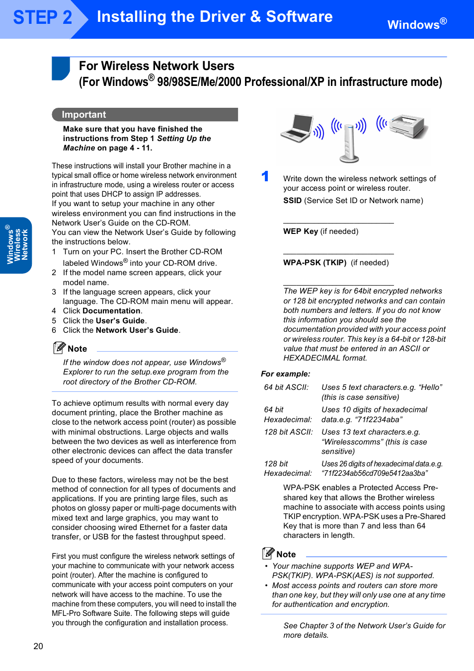 For wireless network users (for windows, For wireless network users, For windows | Step 2, Installing the driver & software, Windows | Brother MFC-820CW User Manual | Page 22 / 45