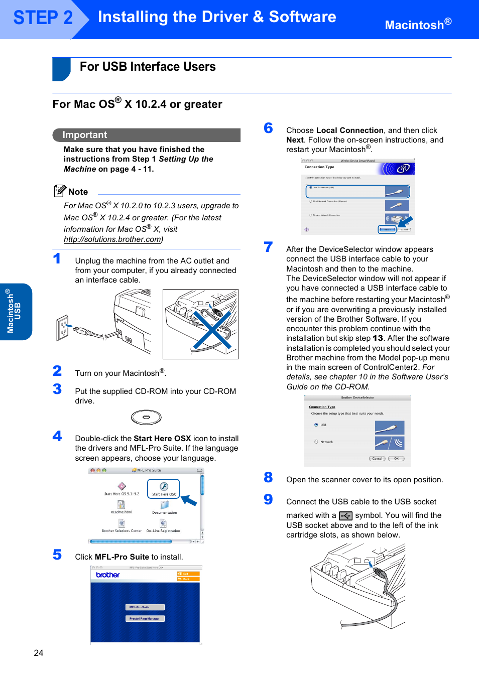 Macintosh, For usb interface users, For mac os® x 10.2.4 or greater | For mac os, X 10.2.4 or greater, Step 2, Installing the driver & software | Brother MFC-820CW User Manual | Page 26 / 45