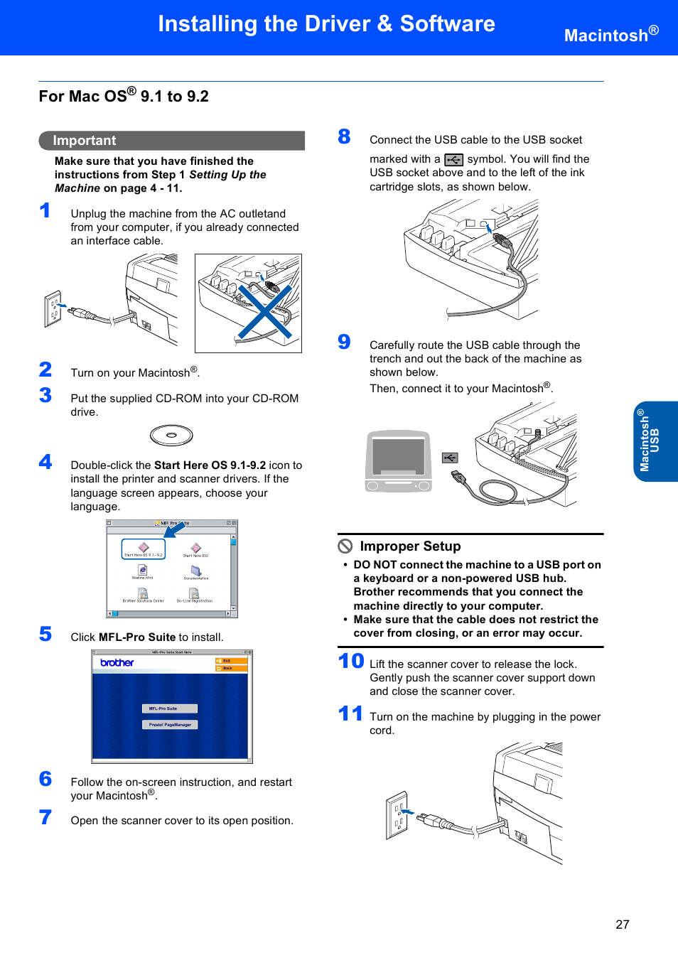 For mac os® 9.1 to 9.2, For mac os, 1 to 9.2 | Installing the driver & software, Macintosh | Brother MFC-820CW User Manual | Page 29 / 45