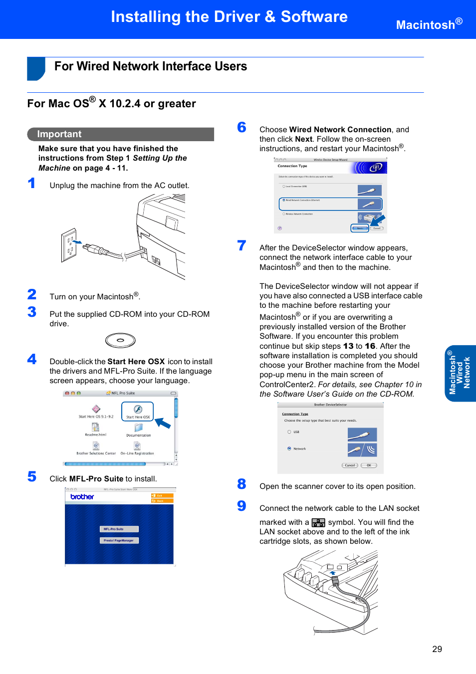 For wired network interface users, For mac os® x 10.2.4 or greater, For mac os | X 10.2.4 or greater, Installing the driver & software, Macintosh | Brother MFC-820CW User Manual | Page 31 / 45