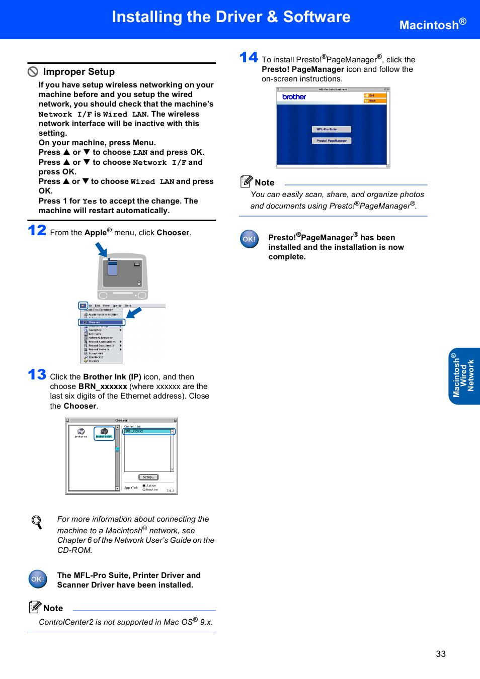 Installing the driver & software, Macintosh, Improper setup | Brother MFC-820CW User Manual | Page 35 / 45