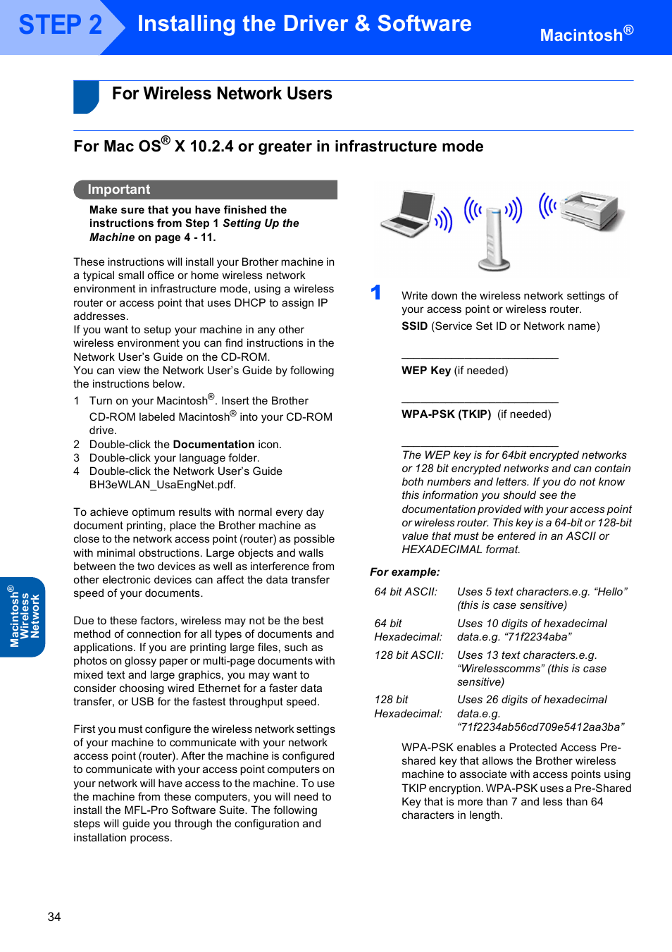 For wireless network users, For mac os, X 10.2.4 or greater in infrastructure mode | Step 2, Installing the driver & software, Macintosh | Brother MFC-820CW User Manual | Page 36 / 45