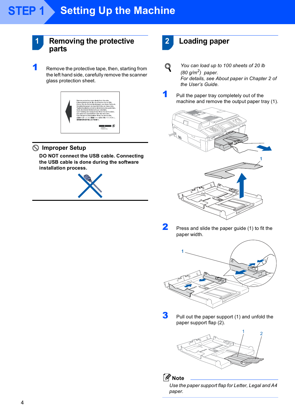 Step 1 setting up the machine, 1 removing the protective parts, 2 loading paper | Removing the protective parts loading paper, Step 1, Setting up the machine, 1removing the protective parts, 2loading paper, Improper setup | Brother MFC-820CW User Manual | Page 6 / 45