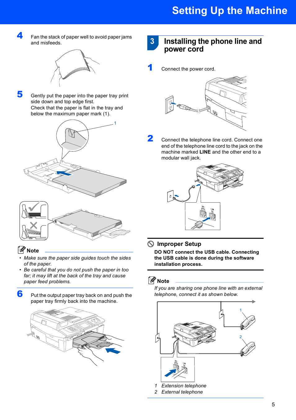 3 installing the phone line and power cord, Installing the phone line and power cord, Setting up the machine | 3installing the phone line and power cord, Improper setup | Brother MFC-820CW User Manual | Page 7 / 45