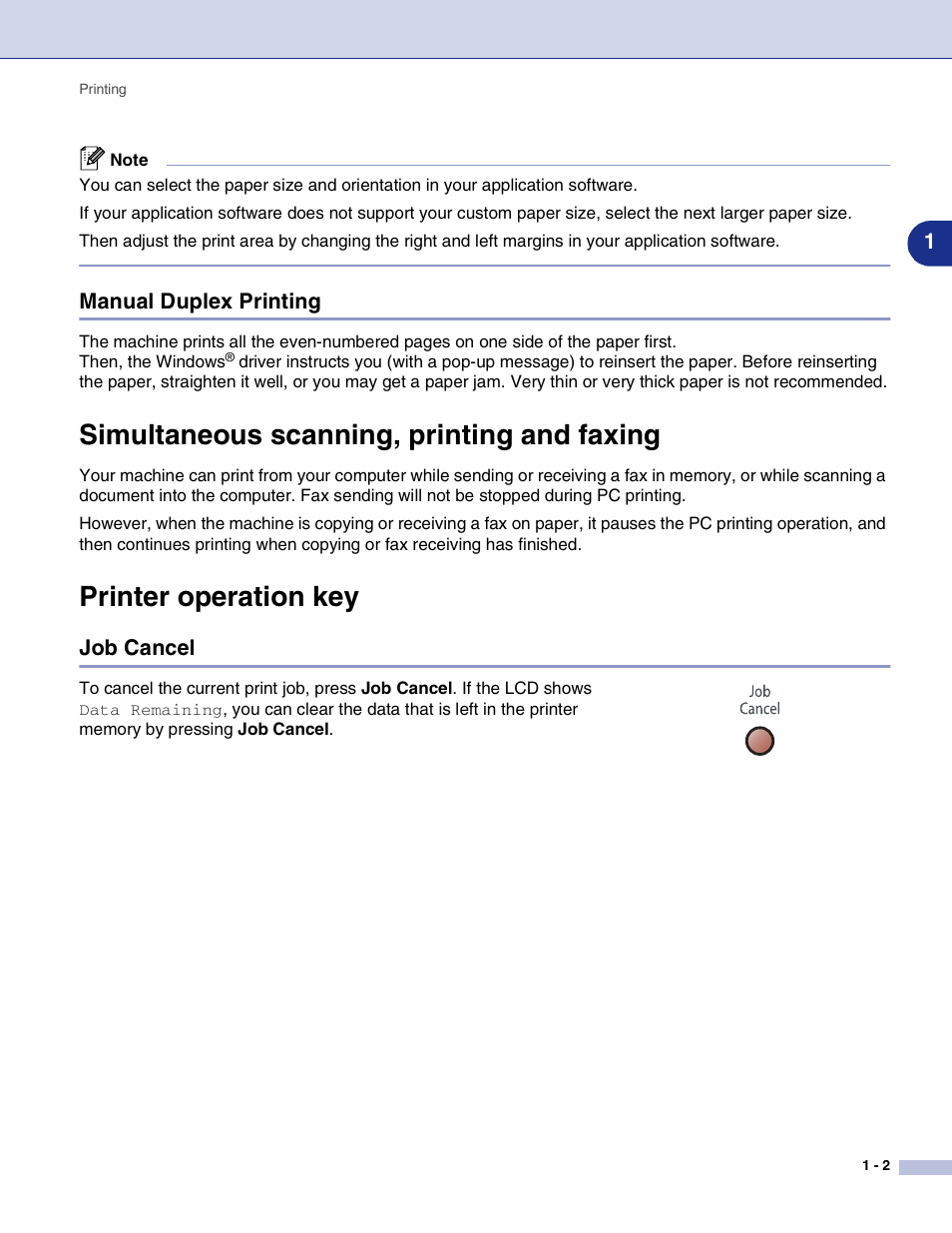 Manual duplex printing, Simultaneous scanning, printing and faxing, Printer operation key | Job cancel, Manual duplex printing -2, Job cancel -2 | Brother MFC-9420CN User Manual | Page 10 / 145