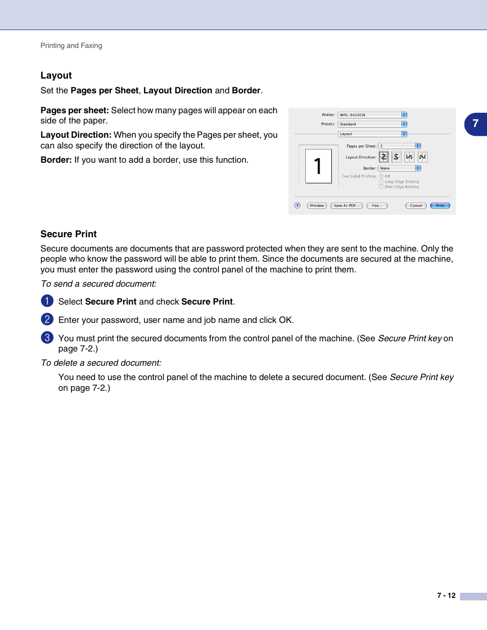 Layout, Secure print | Brother MFC-9420CN User Manual | Page 100 / 145