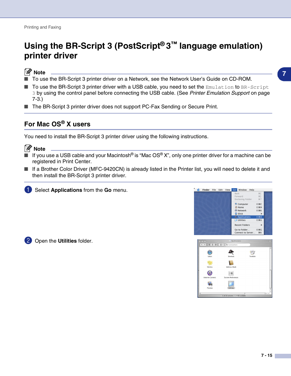 For mac os® x users, Using the br-script 3 (postscript, Language emulation) printer driver -15 | For mac os, X users -15, See using the br-script 3 (postscript, Language emulation) printer driver | Brother MFC-9420CN User Manual | Page 103 / 145