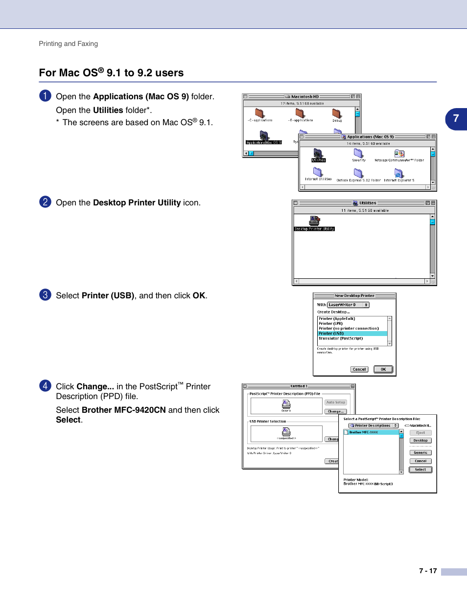 For mac os® 9.1 to 9.2 users, For mac os, 1 to 9.2 users -17 | Brother MFC-9420CN User Manual | Page 105 / 145