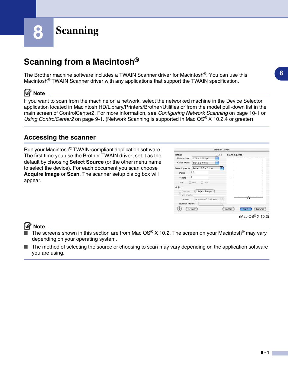 8 scanning, Scanning from a macintosh, Accessing the scanner | Scanning, Accessing the scanner -1 | Brother MFC-9420CN User Manual | Page 111 / 145