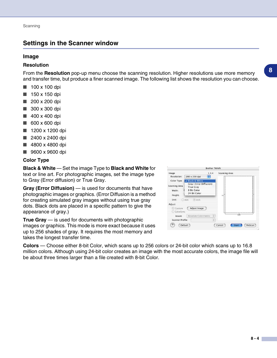 Settings in the scanner window, Image, Settings in the scanner window -4 | 8settings in the scanner window | Brother MFC-9420CN User Manual | Page 114 / 145