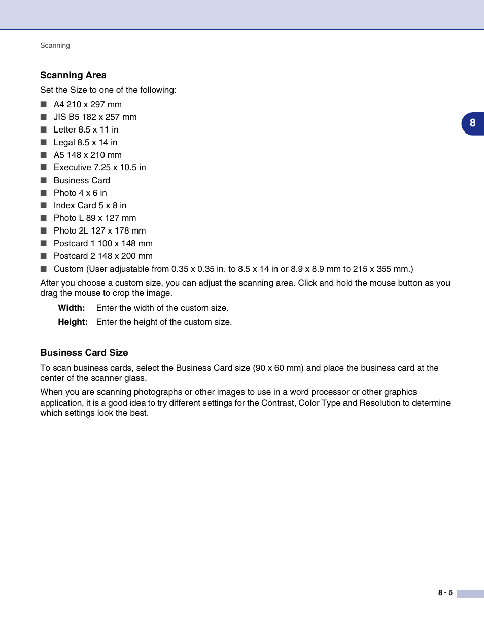 Scanning area, Business card size | Brother MFC-9420CN User Manual | Page 115 / 145