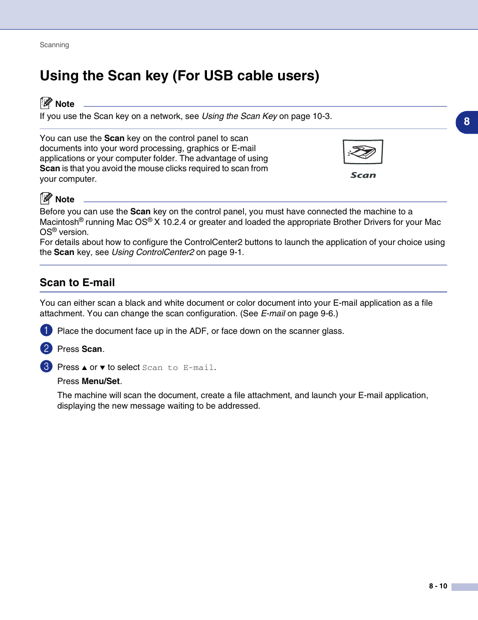 Using the scan key (for usb cable users), Scan to e-mail, Using the scan key (for usb cable users) -10 | Scan to e-mail -10 | Brother MFC-9420CN User Manual | Page 120 / 145