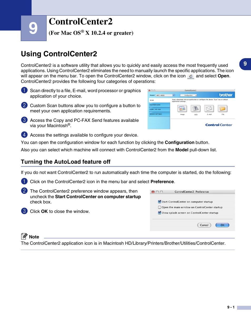 9 controlcenter2 (for mac os® x 10.2.4 or greater), Using controlcenter2, Turning the autoload feature off | Controlcenter2 (for mac os, X 10.2.4 or greater), Using controlcenter2 -1, Turning the autoload feature off -1, 9 controlcenter2 (for mac os, Controlcenter2 | Brother MFC-9420CN User Manual | Page 122 / 145
