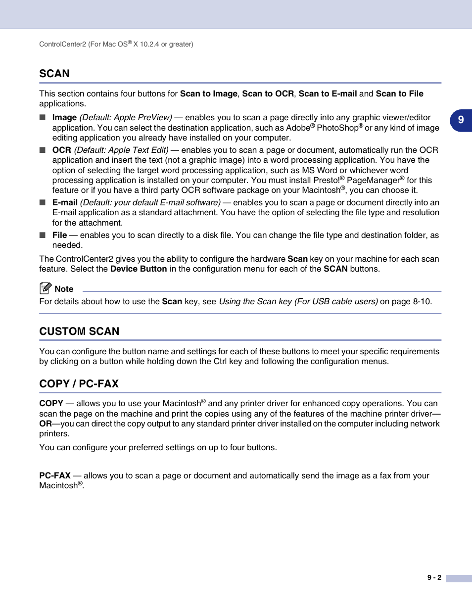 Scan, Custom scan, Copy / pc-fax | Scan -2 custom scan -2 copy / pc-fax -2, 9scan | Brother MFC-9420CN User Manual | Page 123 / 145