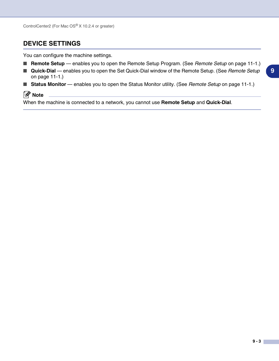 Device settings, Device settings -3, 9device settings | Brother MFC-9420CN User Manual | Page 124 / 145