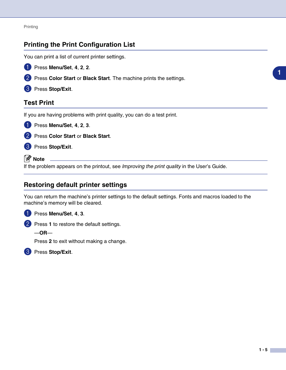 Printing the print configuration list, Test print, Restoring default printer settings | Brother MFC-9420CN User Manual | Page 13 / 145