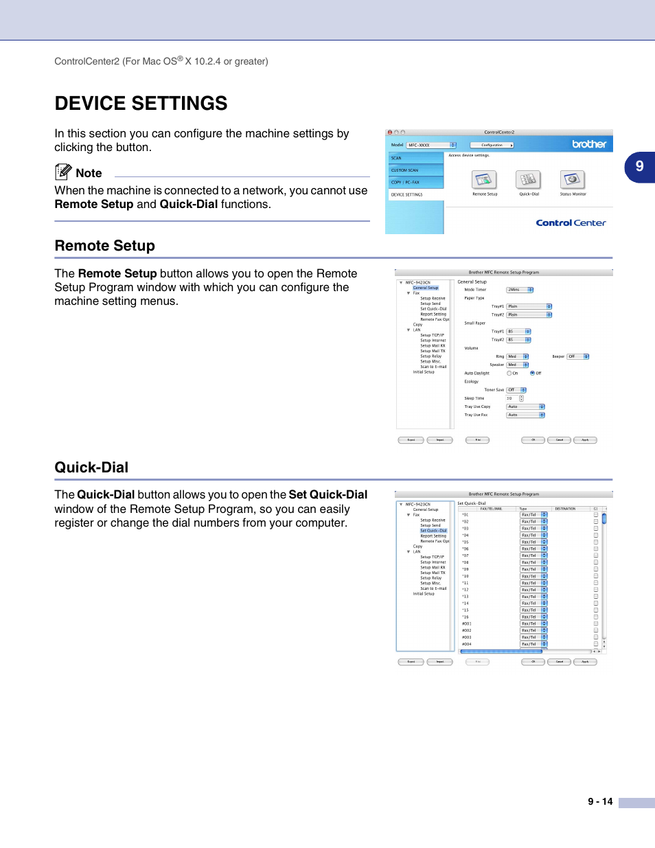 Device settings, Remote setup, Quick-dial | Device settings -14, Remote setup -14 quick-dial -14 | Brother MFC-9420CN User Manual | Page 135 / 145