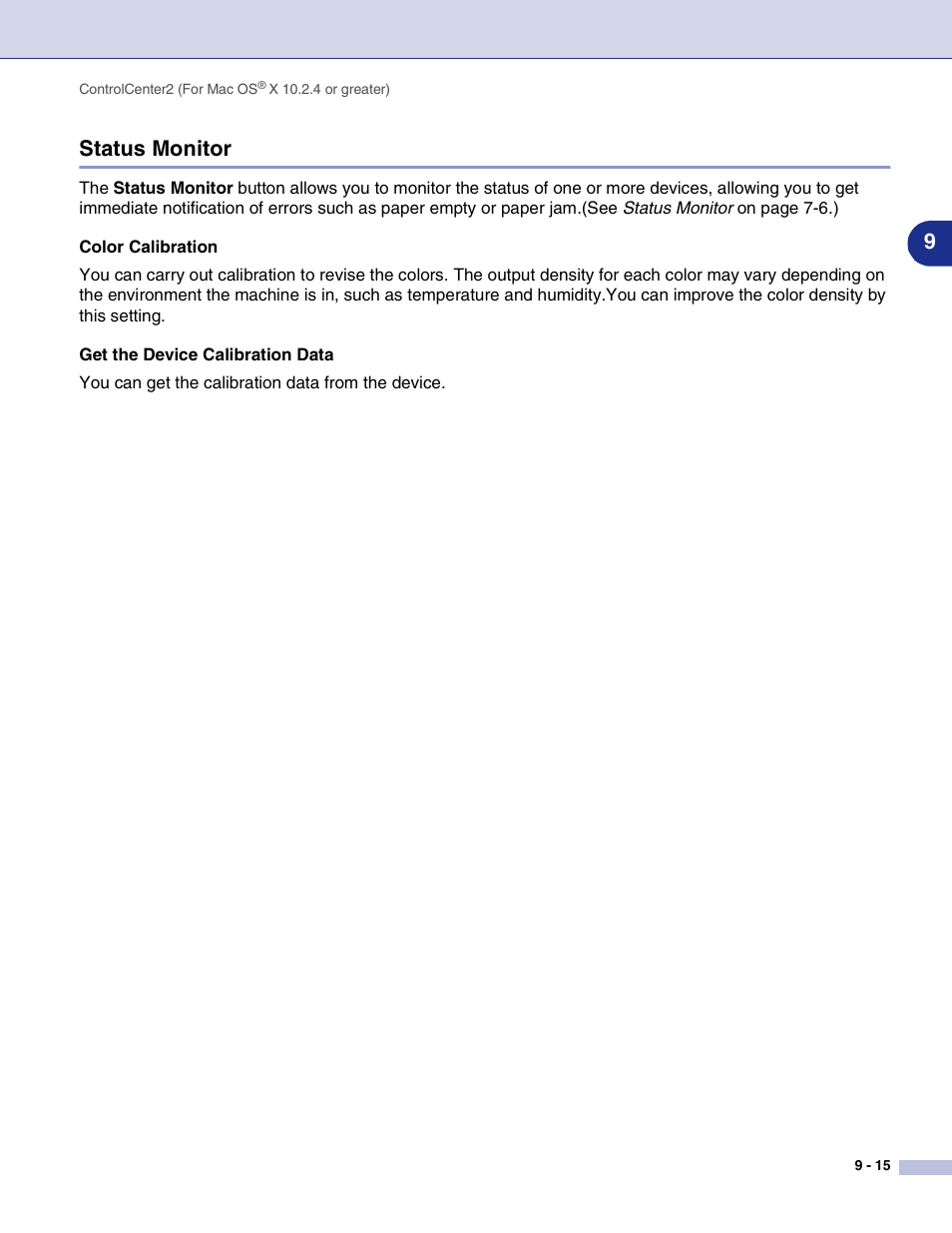 Status monitor, Status monitor -15, 9status monitor | Brother MFC-9420CN User Manual | Page 136 / 145