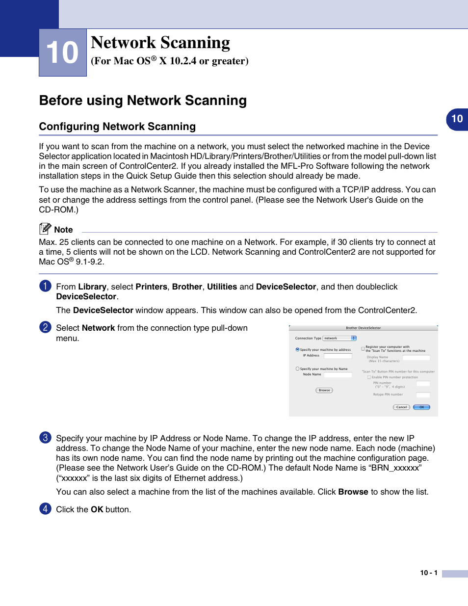 Before using network scanning, Configuring network scanning, Network scanning (for mac os | X 10.2.4 or greater), Before using network scanning -1, Configuring network scanning -1, 10 network scanning (for mac os, Network scanning | Brother MFC-9420CN User Manual | Page 137 / 145