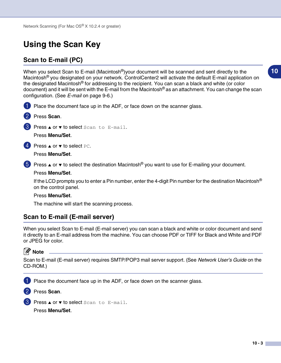 Using the scan key, Scan to e-mail (pc), Scan to e-mail (e-mail server) | Using the scan key -3 | Brother MFC-9420CN User Manual | Page 139 / 145