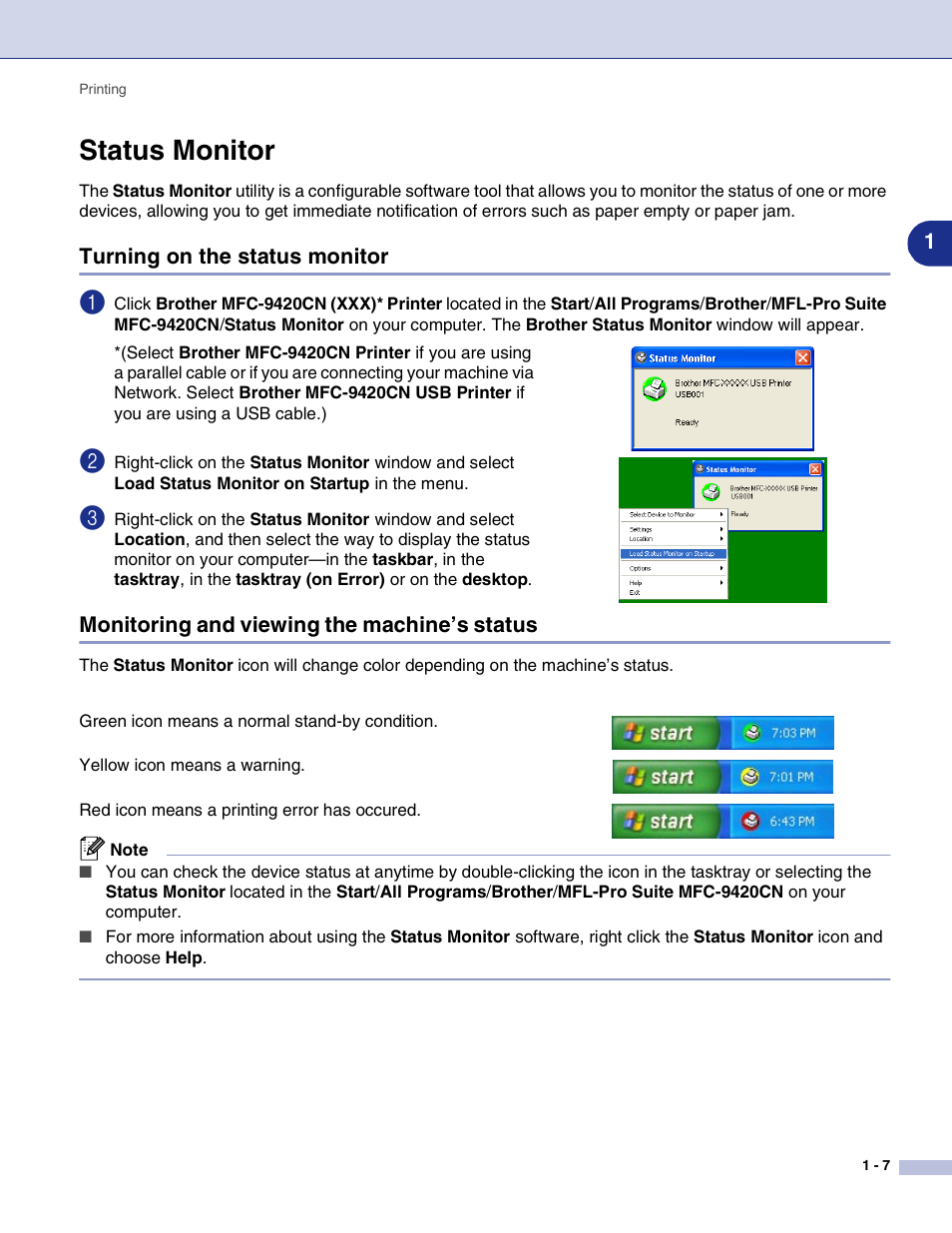 Status monitor, Turning on the status monitor, Monitoring and viewing the machine’s status | Status monitor -7 | Brother MFC-9420CN User Manual | Page 15 / 145