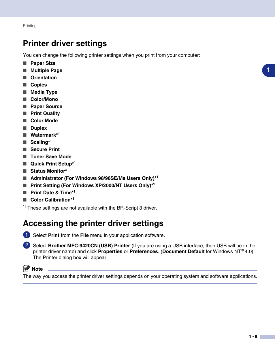 Printer driver settings, Accessing the printer driver settings | Brother MFC-9420CN User Manual | Page 16 / 145