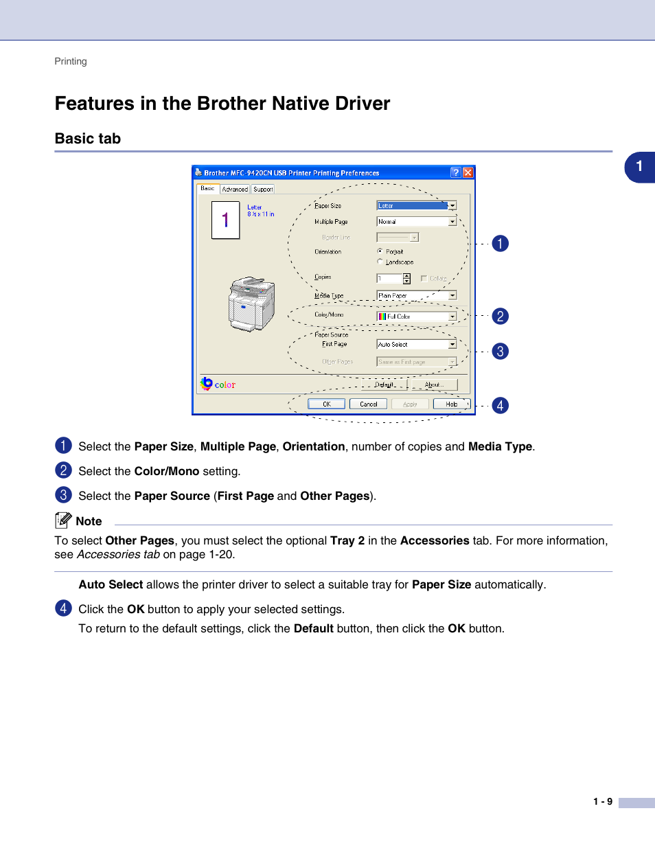 Features in the brother native driver, Basic tab, Features in the brother native driver -9 | Basic tab -9 | Brother MFC-9420CN User Manual | Page 17 / 145