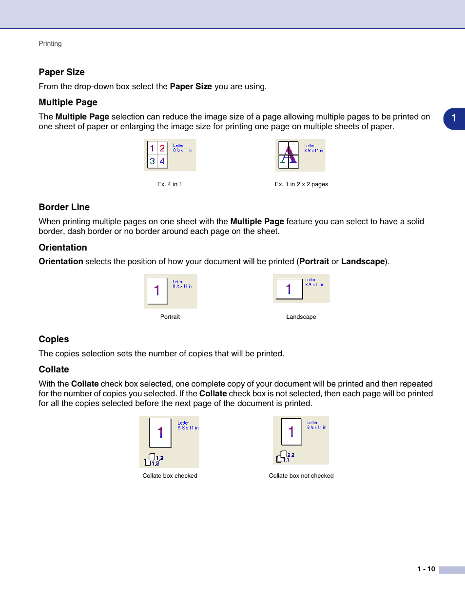 Paper size, Border line, Orientation | Copies, Collate | Brother MFC-9420CN User Manual | Page 18 / 145