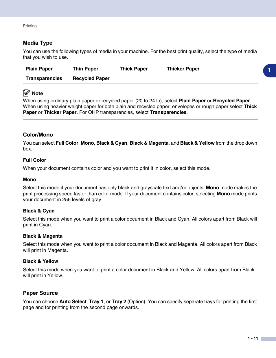 Media type, Color/mono, Paper source | Brother MFC-9420CN User Manual | Page 19 / 145