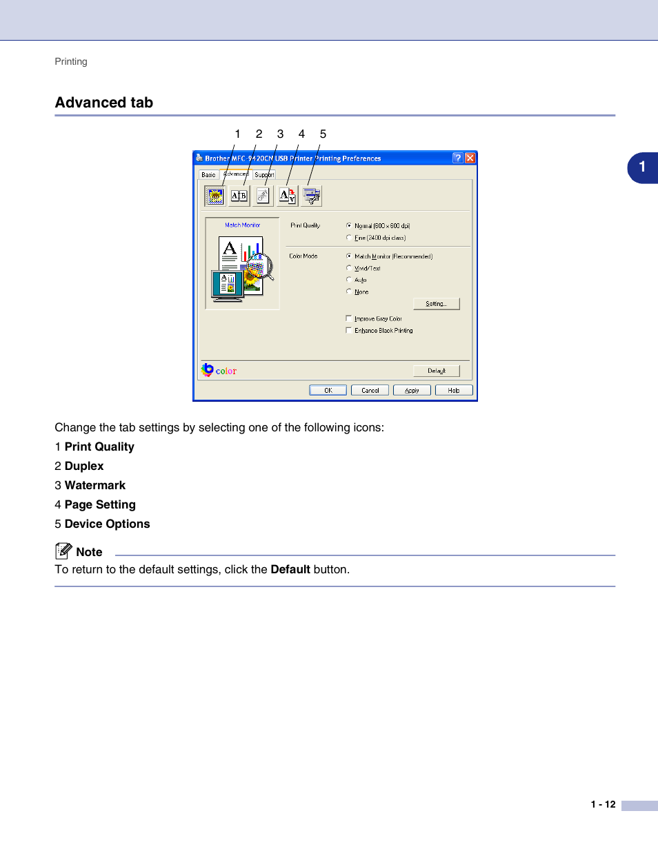 Advanced tab, Advanced tab -12, 1advanced tab | Brother MFC-9420CN User Manual | Page 20 / 145