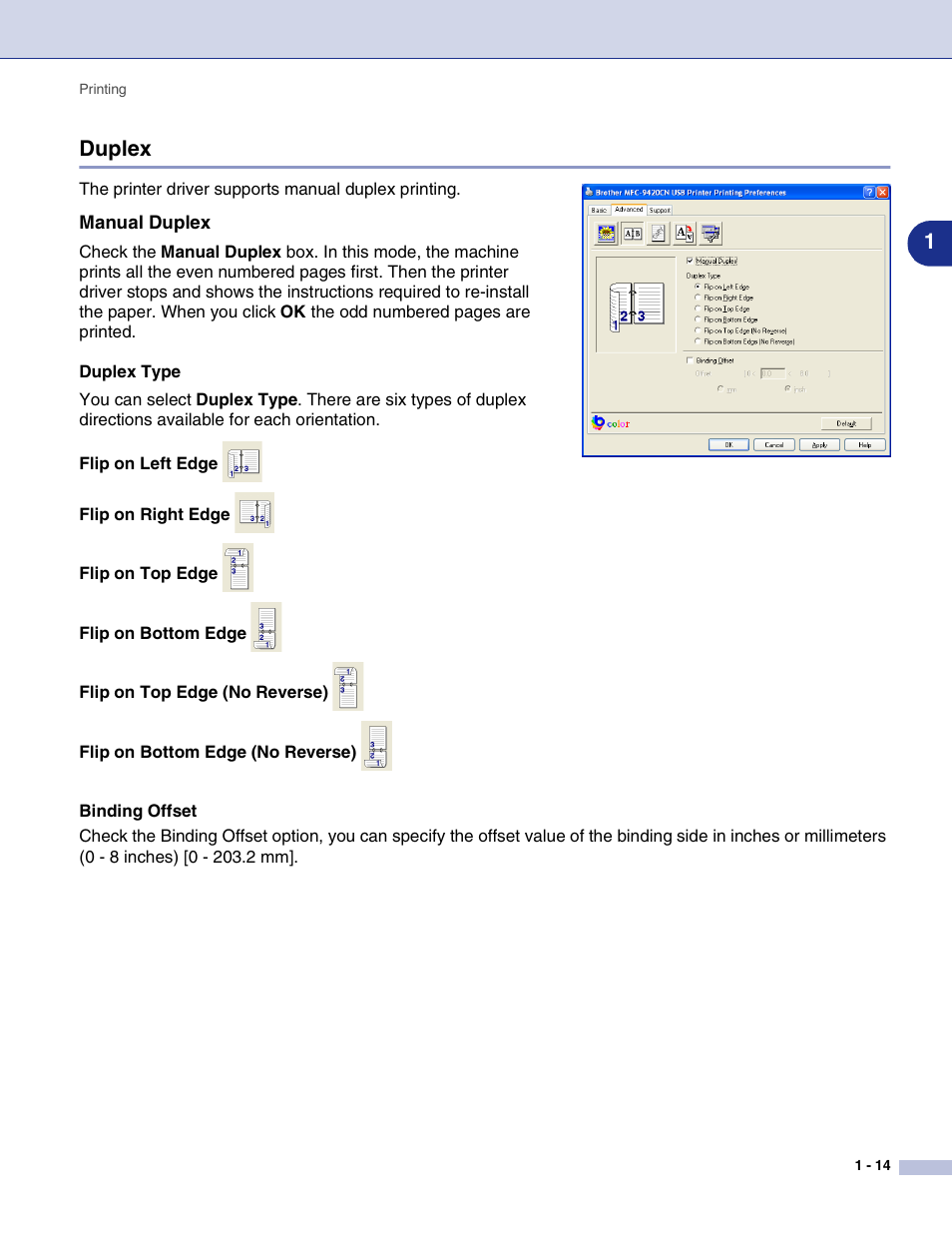 Duplex, Manual duplex, Duplex -14 | 1duplex | Brother MFC-9420CN User Manual | Page 22 / 145